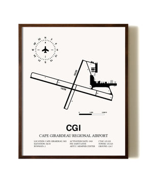 Cape Girardeau Regional Airport aviation print in walnut frame