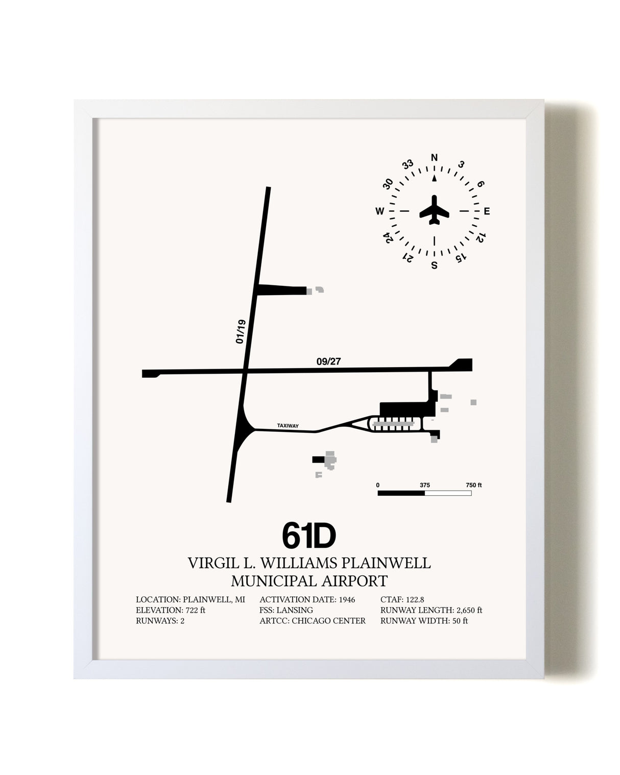 Virgil L. Williams Plainwell Municipal Airport airport map poster in oak frame