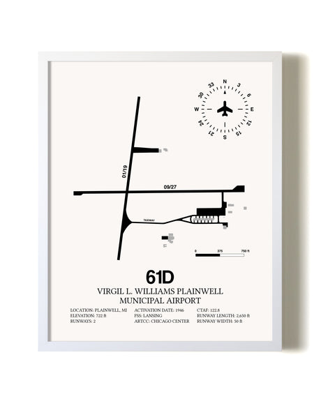 Virgil L. Williams Plainwell Municipal Airport airport map poster in oak frame