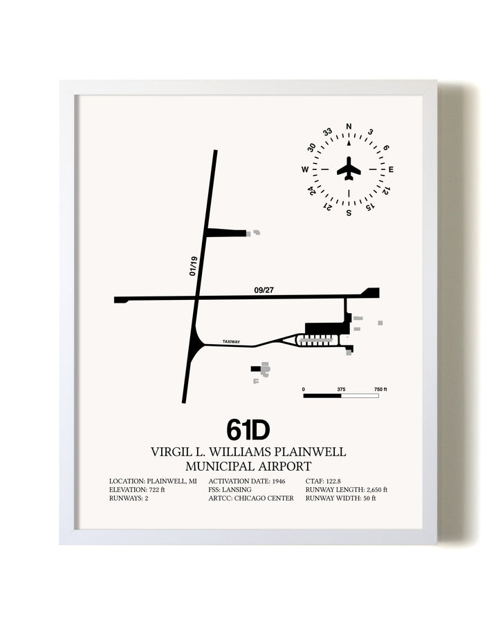 Virgil L. Williams Plainwell Municipal Airport airport map poster in oak frame