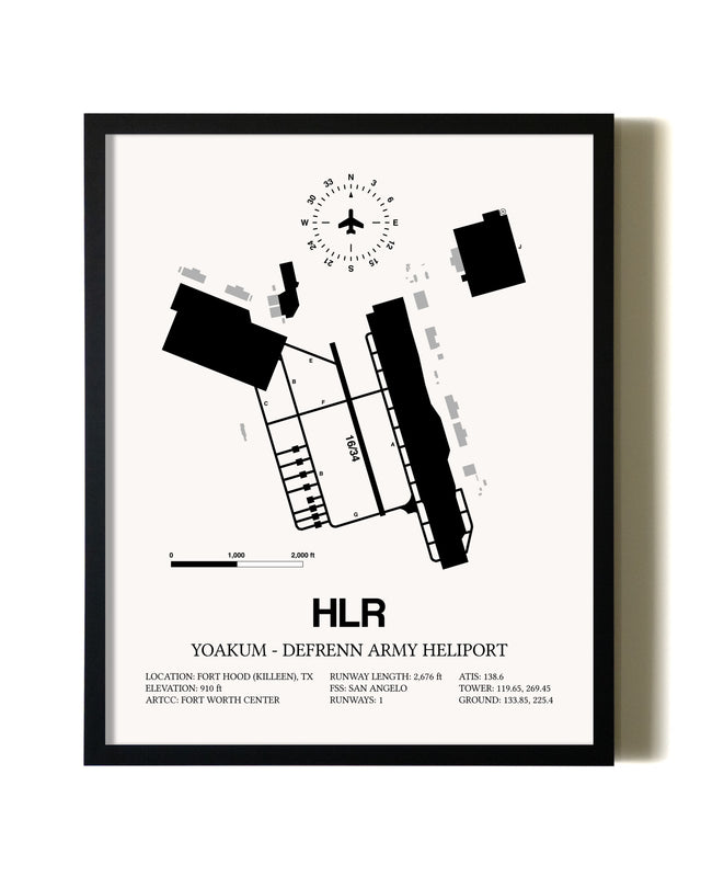 Framed Yoakum-Defrenn Army Heliport wall art poster in black frame