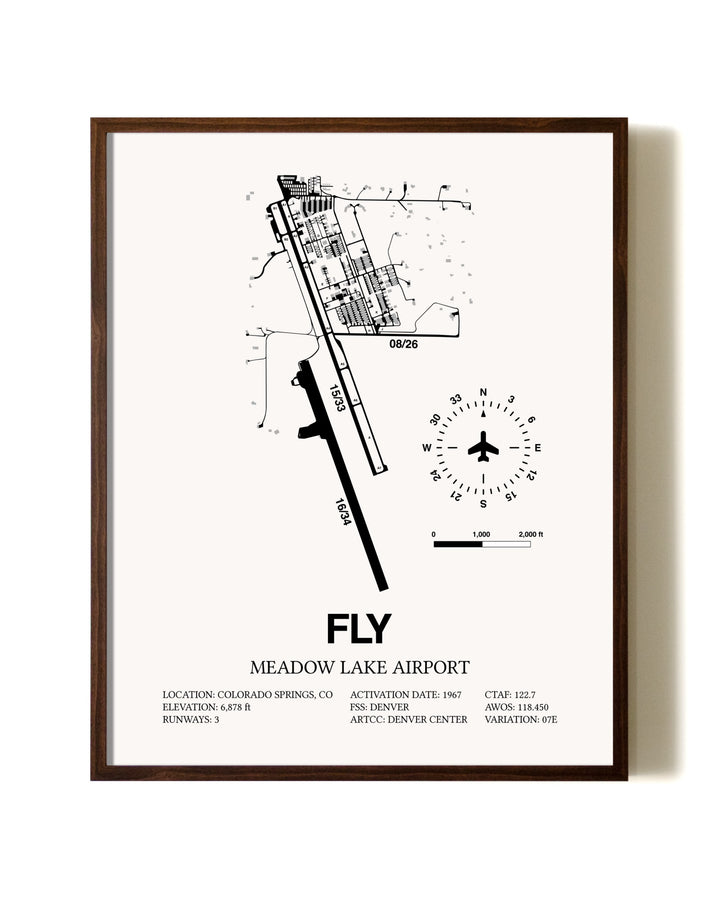 Meadow Lake Airport aviation print in walnut frame