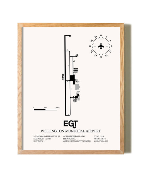 Wellington Municipal Airport framed print in natural wood frame
