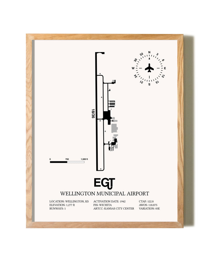 Wellington Municipal Airport framed print in natural wood frame