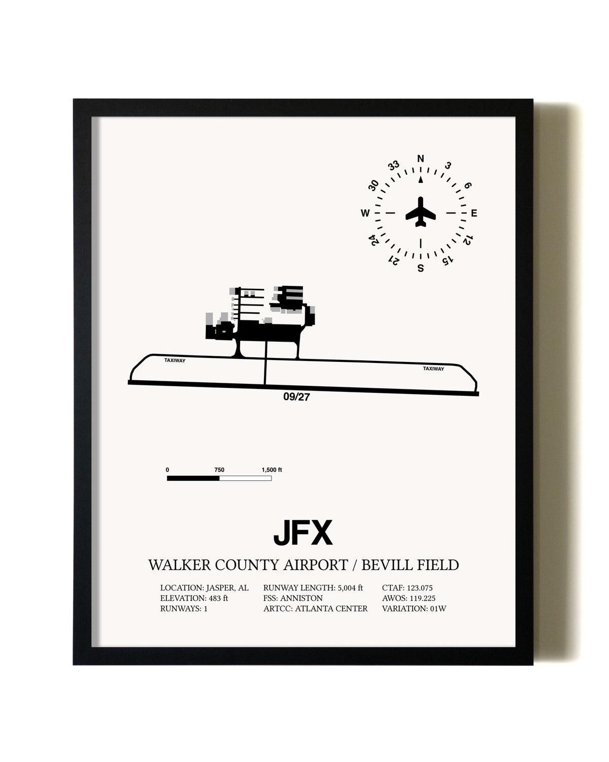 Framed Walker County Airport / Bevill Field wall art poster in black frame