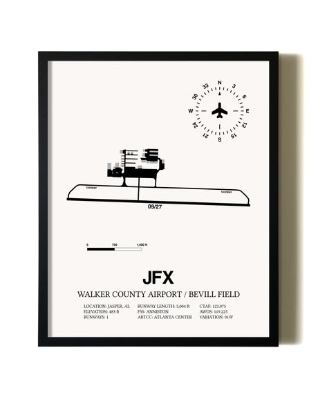 Framed Walker County Airport / Bevill Field wall art poster in black frame