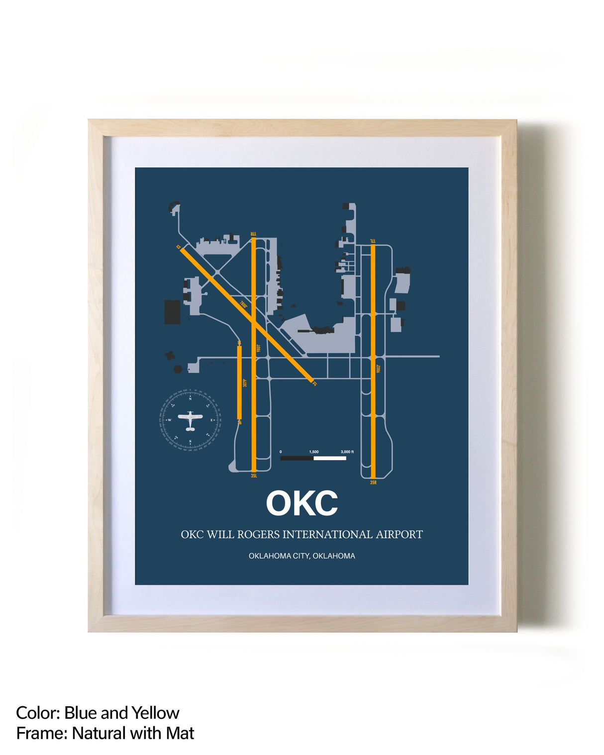 OKC Will Rogers International Airport framed print in natural wood frame with mat