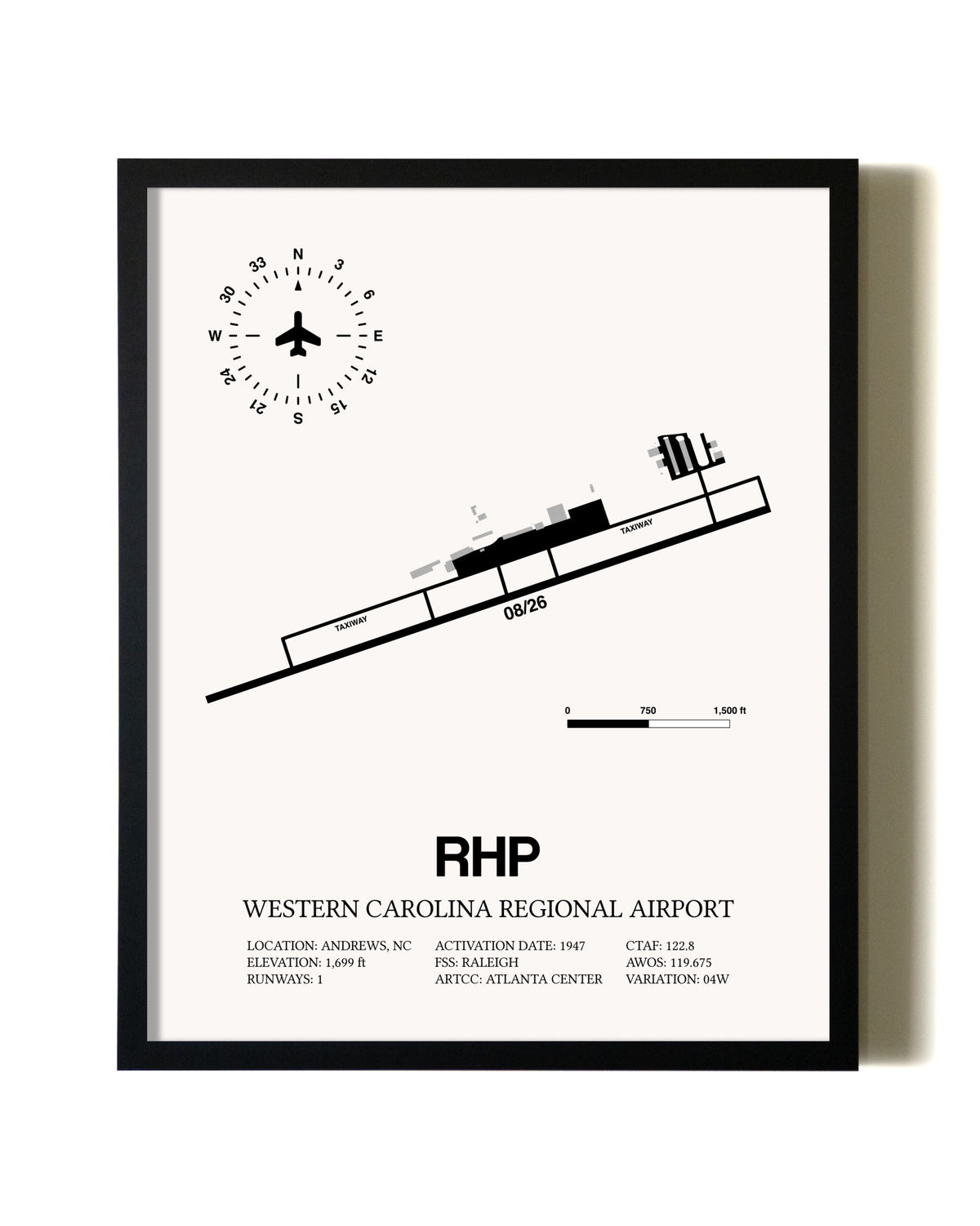 Framed Western Carolina Regional Airport wall art poster in black frame