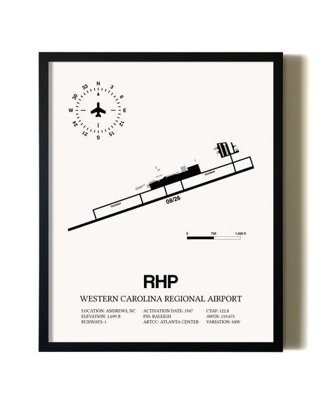 Framed Western Carolina Regional Airport wall art poster in black frame