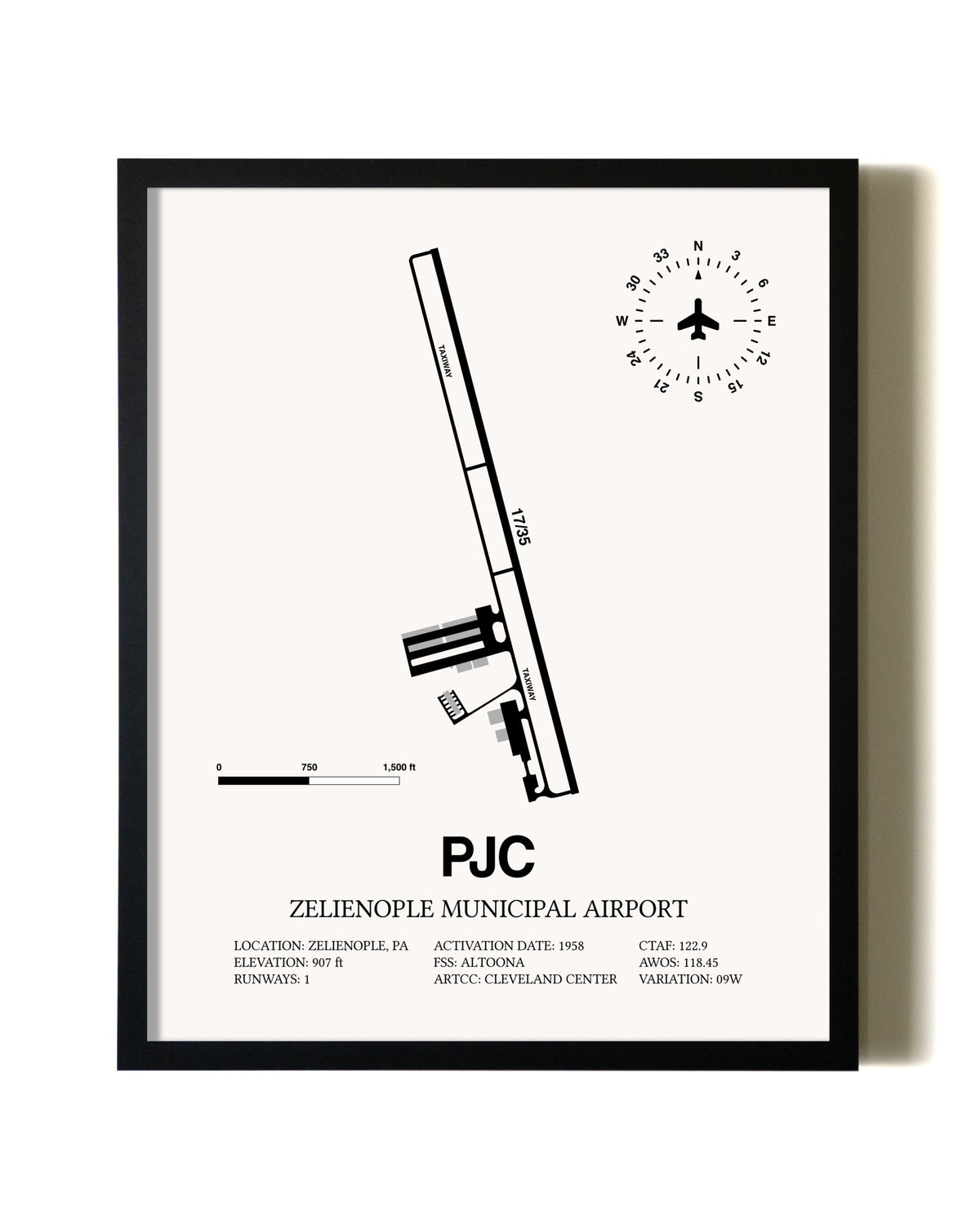 Framed Zelienople Municipal Airport wall art poster in black frame