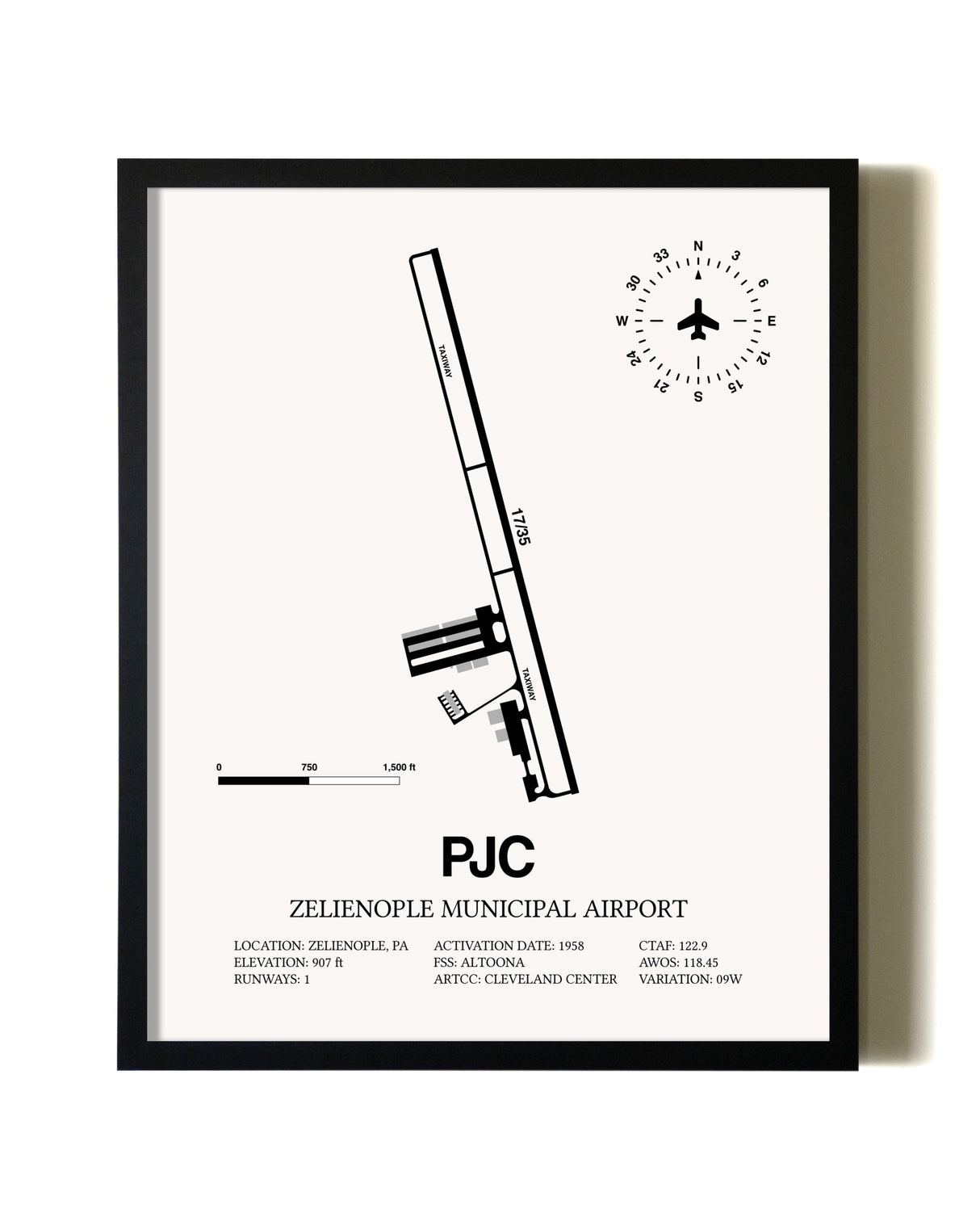 Framed Zelienople Municipal Airport wall art poster in black frame