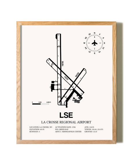 La Crosse Regional Airport framed print in natural wood frame