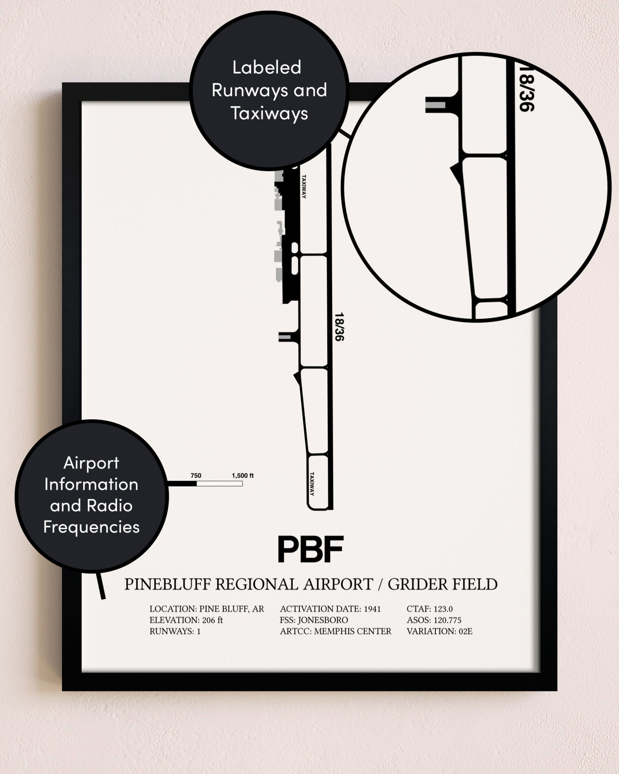 Framed Pinebluff Regional Airport / Grider Field layout wall art poster
