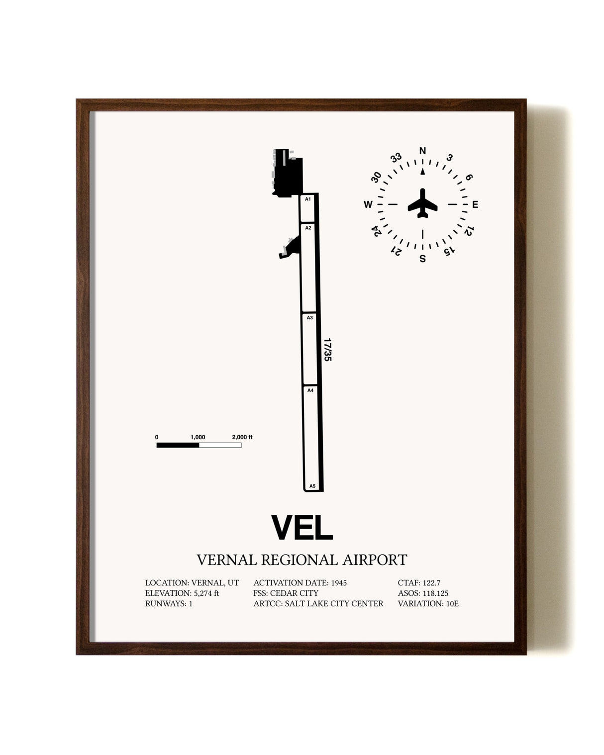 Vernal Regional Airport aviation print in walnut frame