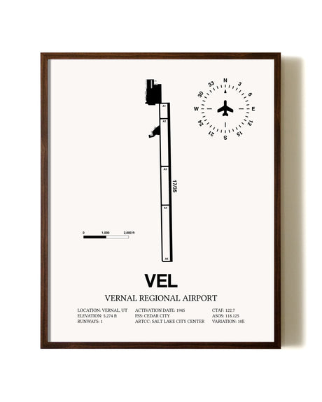 Vernal Regional Airport aviation print in walnut frame