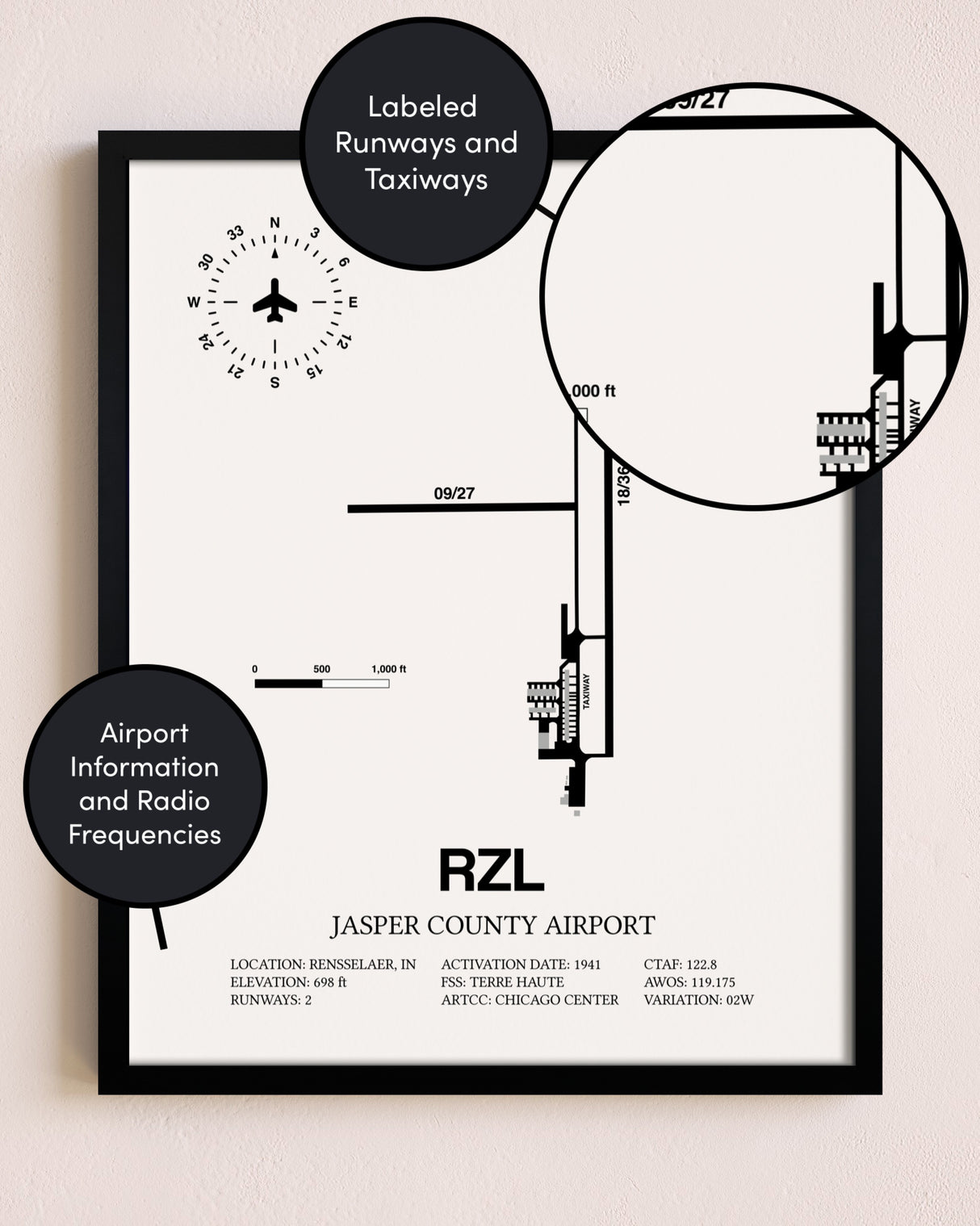 Framed Jasper County Airport layout wall art poster