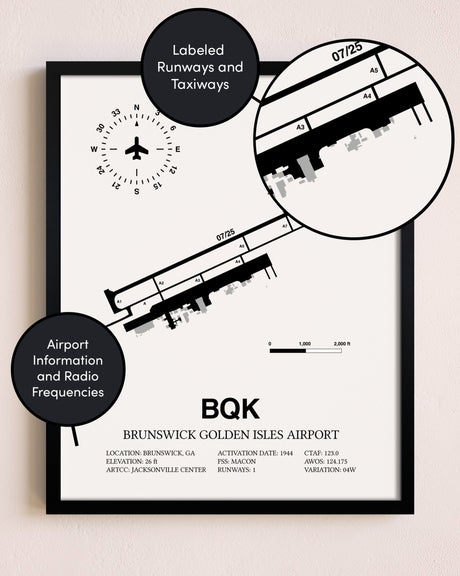Framed Brunswick Golden Isles Airport layout wall art poster