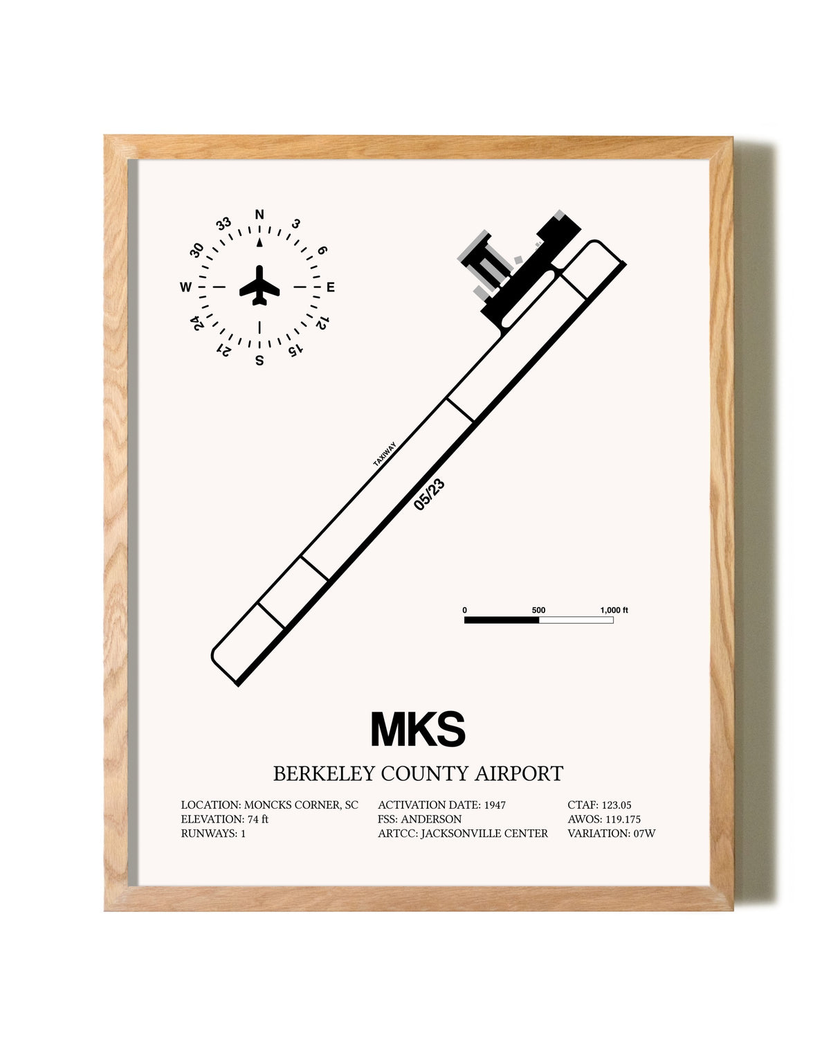 Berkeley County Airport framed print in natural wood frame