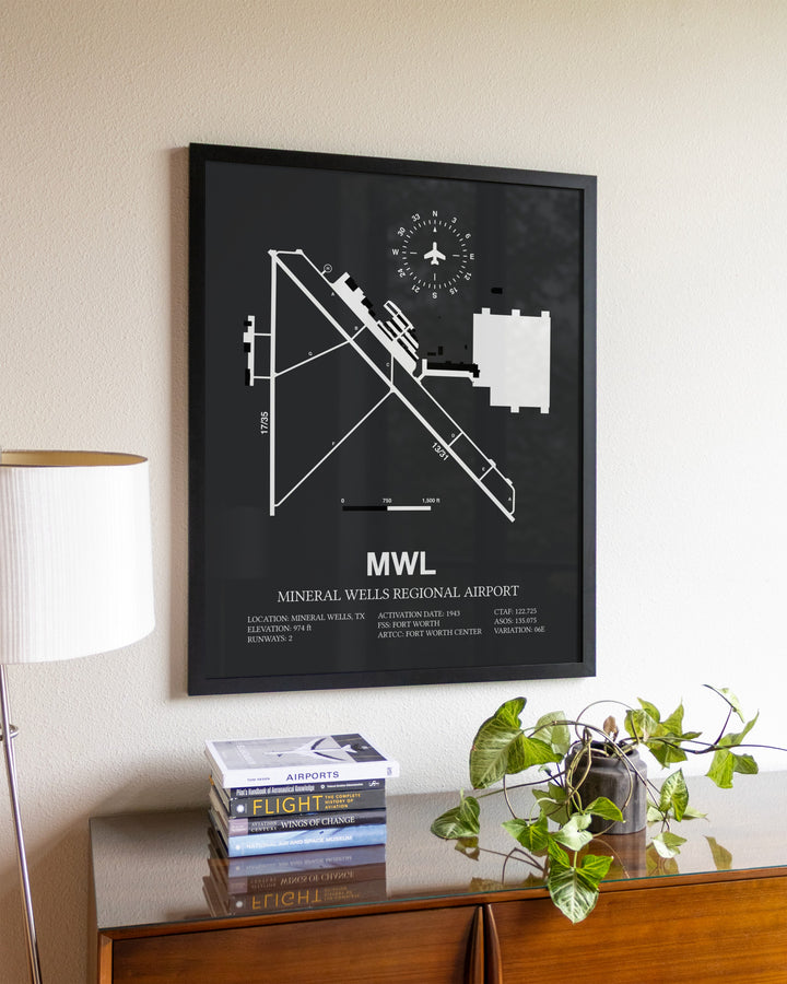 Gray Framed Mineral Wells Regional Airport wall art poster in black frame
