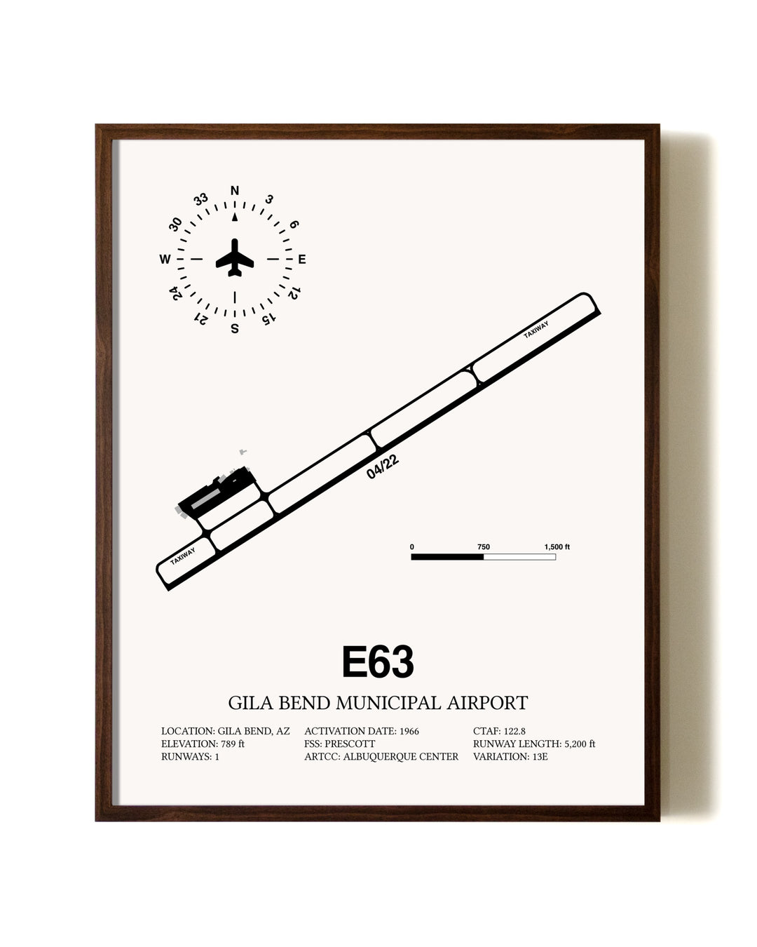 Gila Bend Municipal Airport aviation print in walnut frame