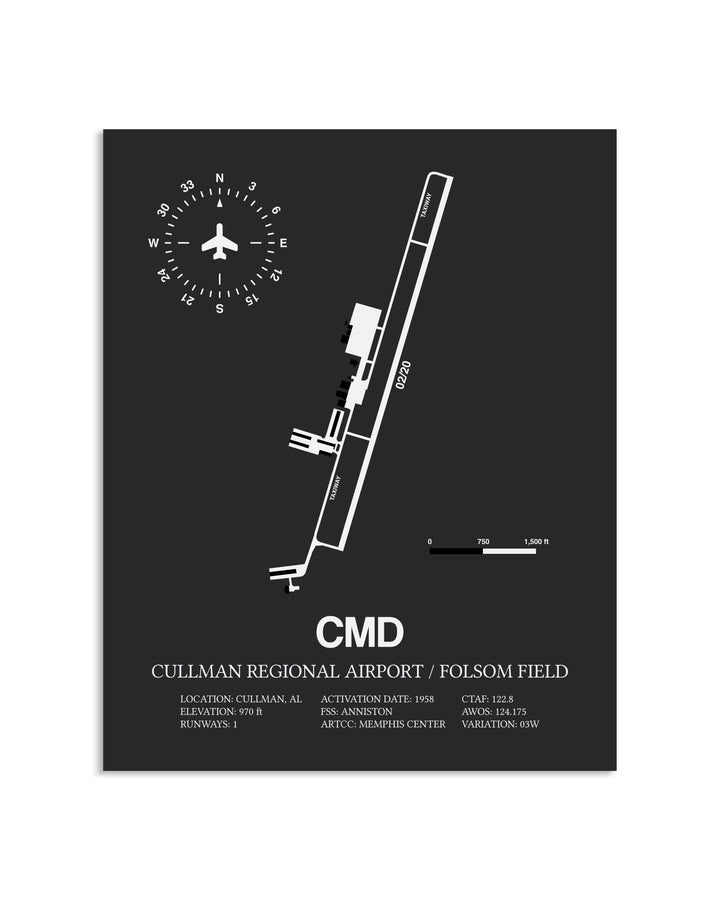 Gray Framed Cullman Regional Airport / Folsom Field layout wall art poster