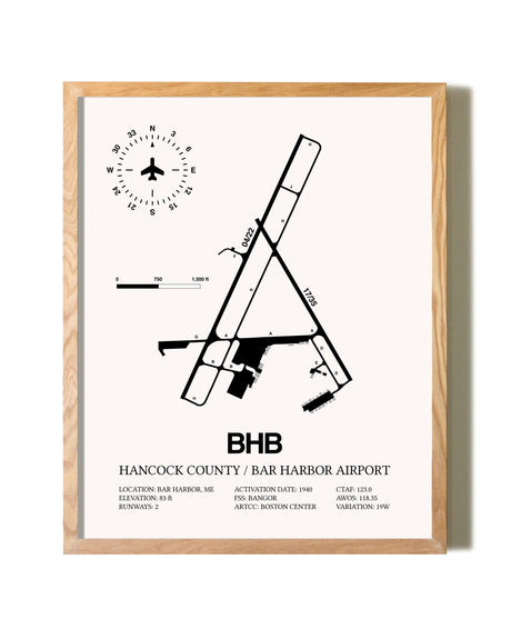 Hancock County / Bar Harbor Airport framed print in natural wood frame