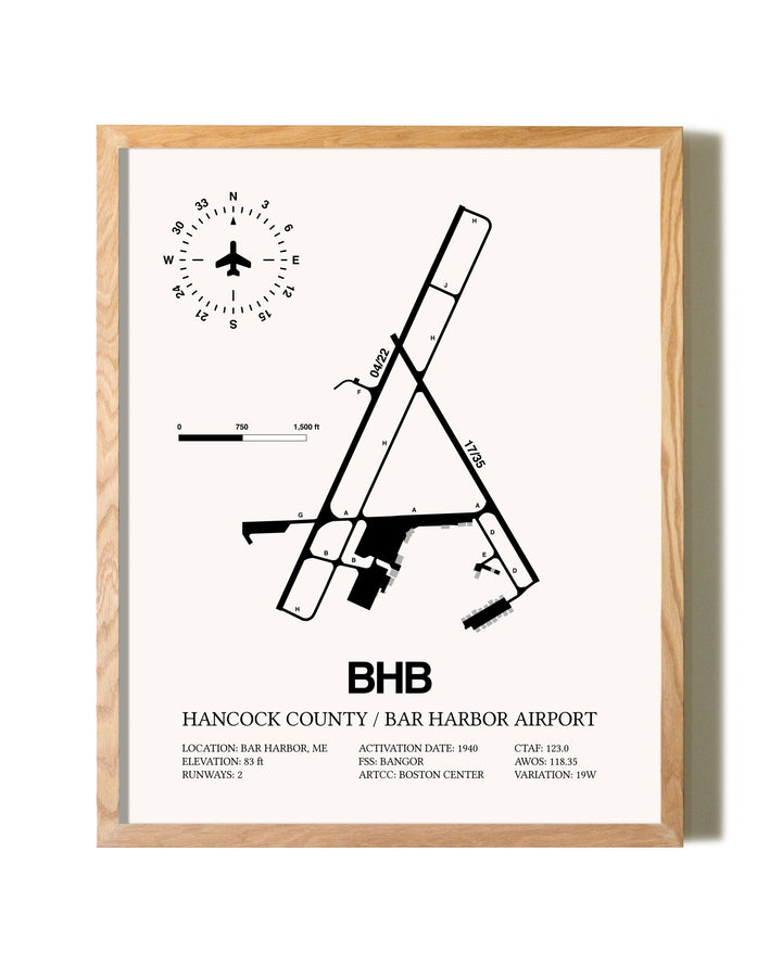 Hancock County / Bar Harbor Airport framed print in natural wood frame