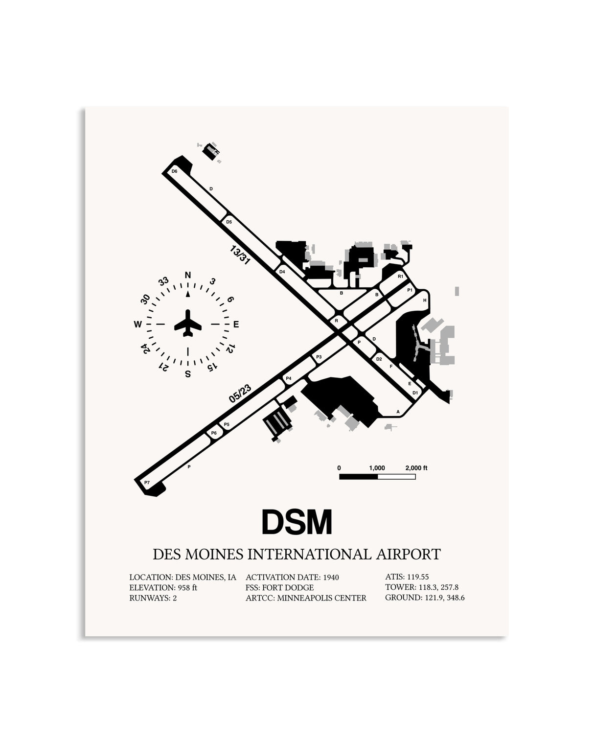 Gray Des Moines International Airport framed poster displayed in an airplane hangar