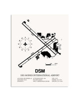 Gray Des Moines International Airport framed poster displayed in an airplane hangar