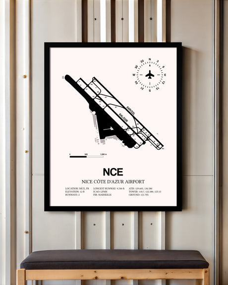 Nice Cote D'Azur Airport framed poster displayed in an airplane hangar