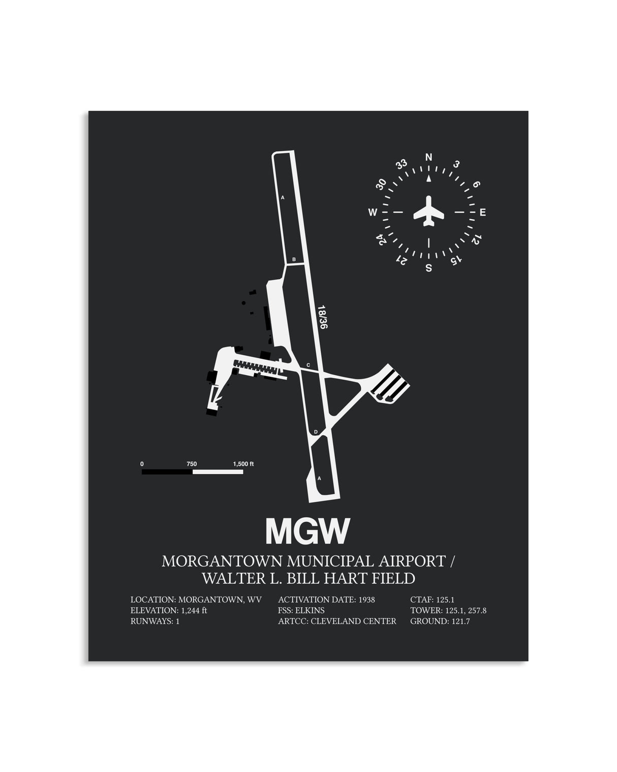Gray Framed Morgantown Municipal Airport / Walter L. Bill Hart Field layout wall art poster