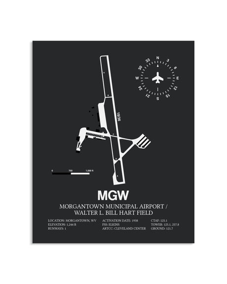 Gray Framed Morgantown Municipal Airport / Walter L. Bill Hart Field layout wall art poster