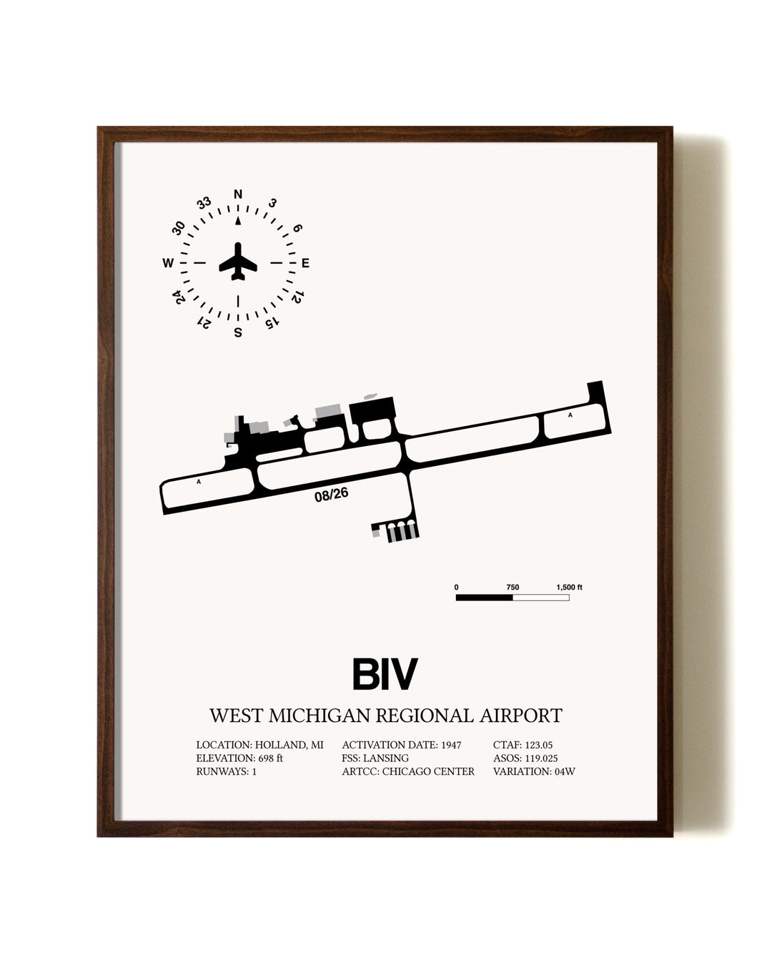 West Michigan Regional Airport aviation print in walnut frame
