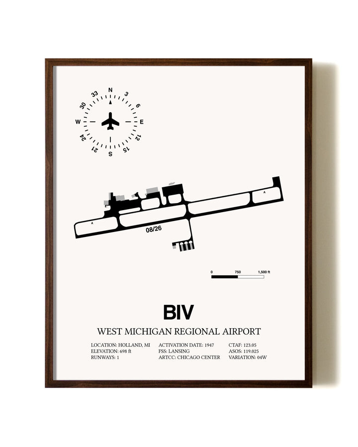 West Michigan Regional Airport aviation print in walnut frame