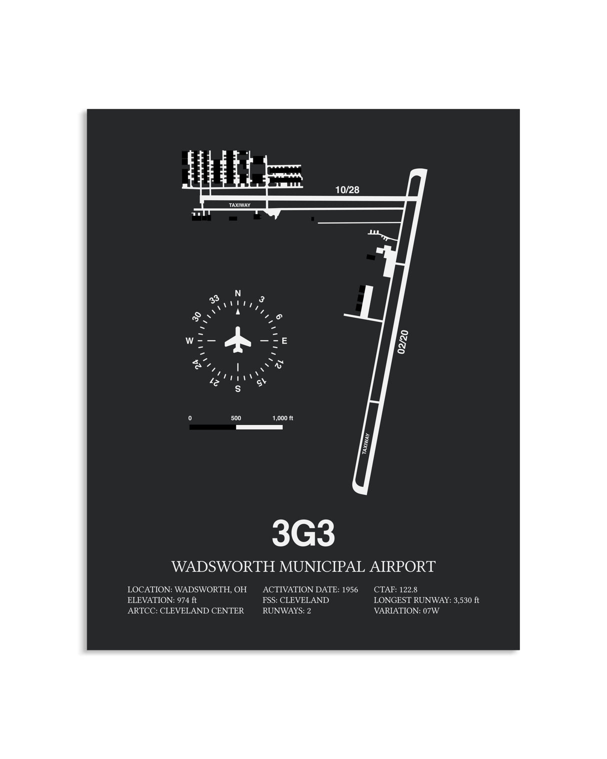 Gray Framed Wadsworth Municipal Airport layout wall art poster