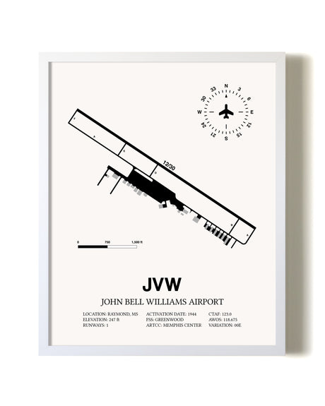 John Bell Williams Airport airport map poster in oak frame