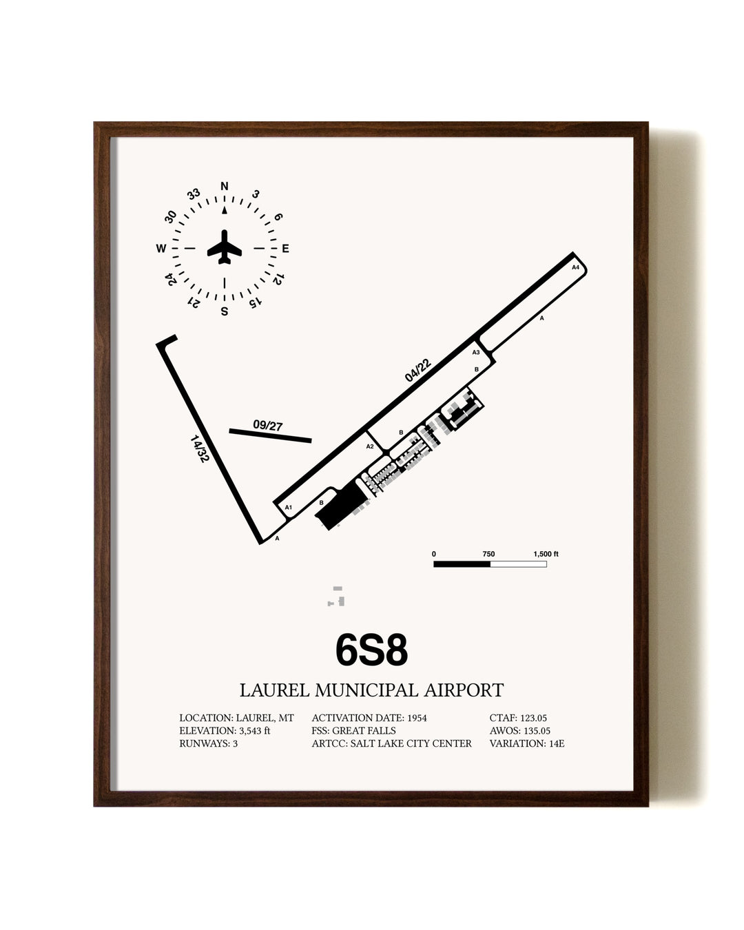 Laurel Municipal Airport aviation print in walnut frame