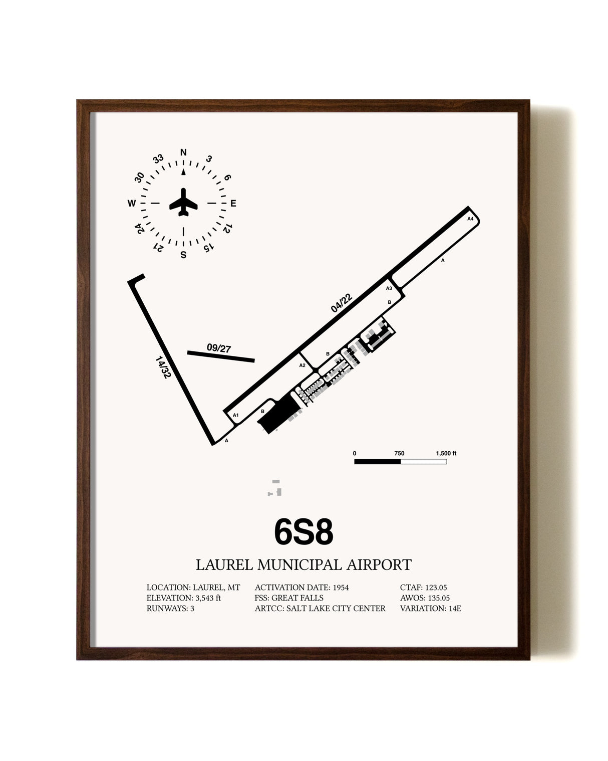 Laurel Municipal Airport aviation print in walnut frame