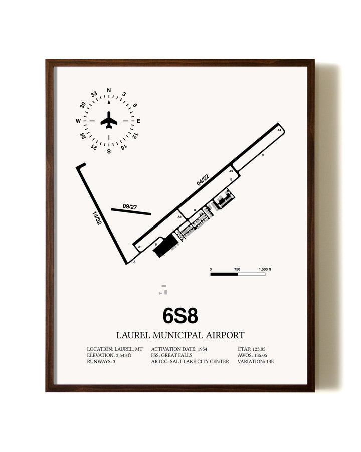 Laurel Municipal Airport aviation print in walnut frame