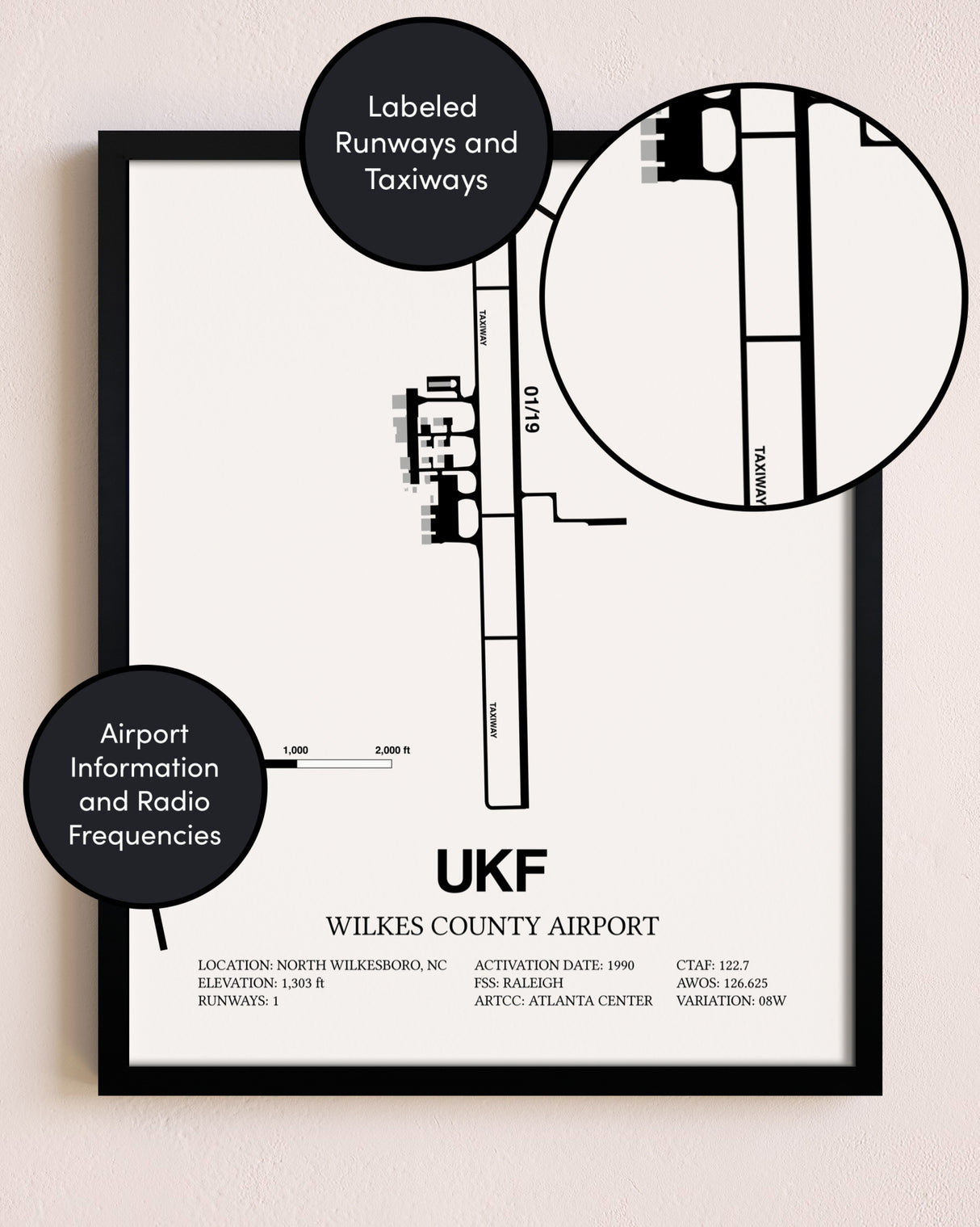 Framed Wilkes County Airport layout wall art poster