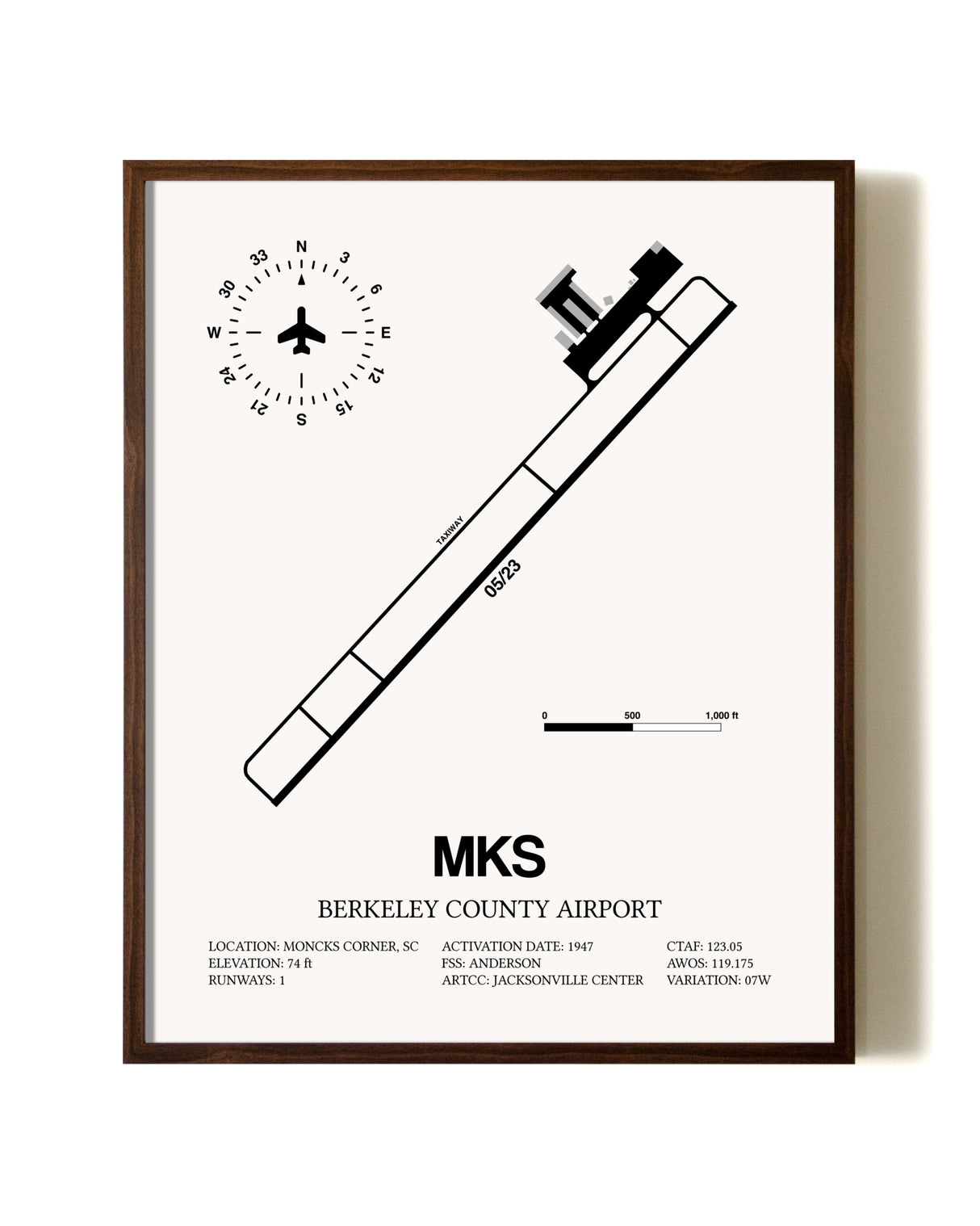 Berkeley County Airport aviation print in walnut frame