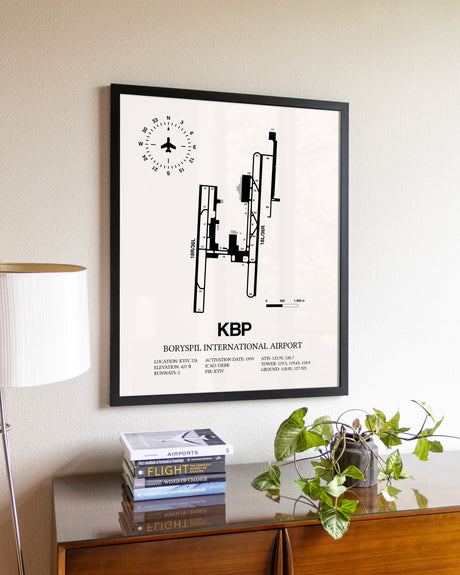 Boryspil International Airport aviation wall décor in black wood frame