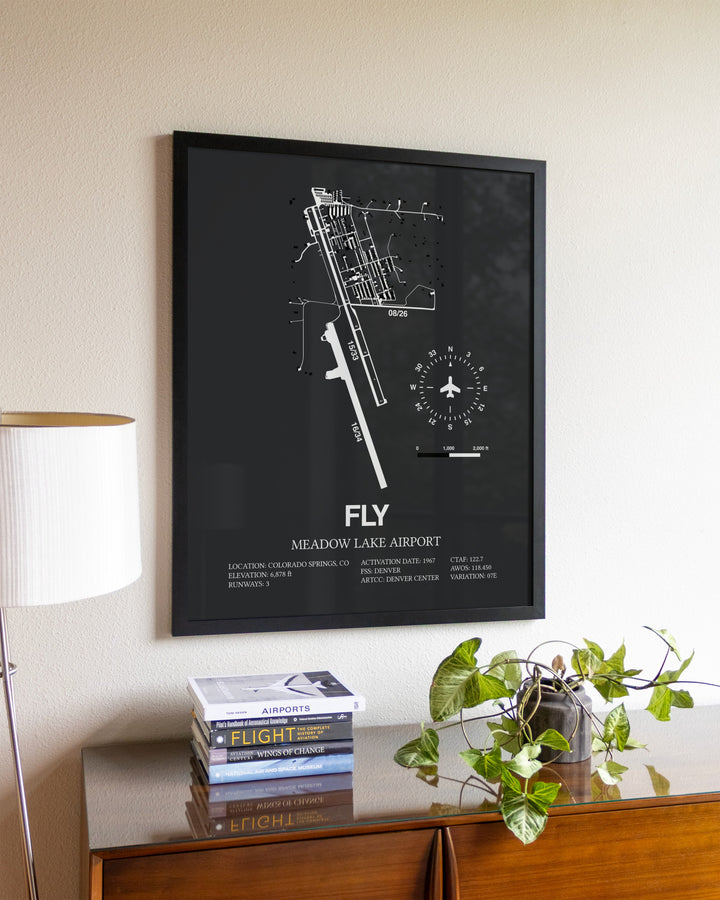 Gray Framed Meadow Lake Airport wall art poster in black frame