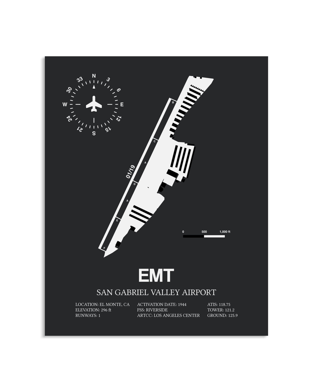 Gray Framed San Gabriel Valley Airport layout wall art poster