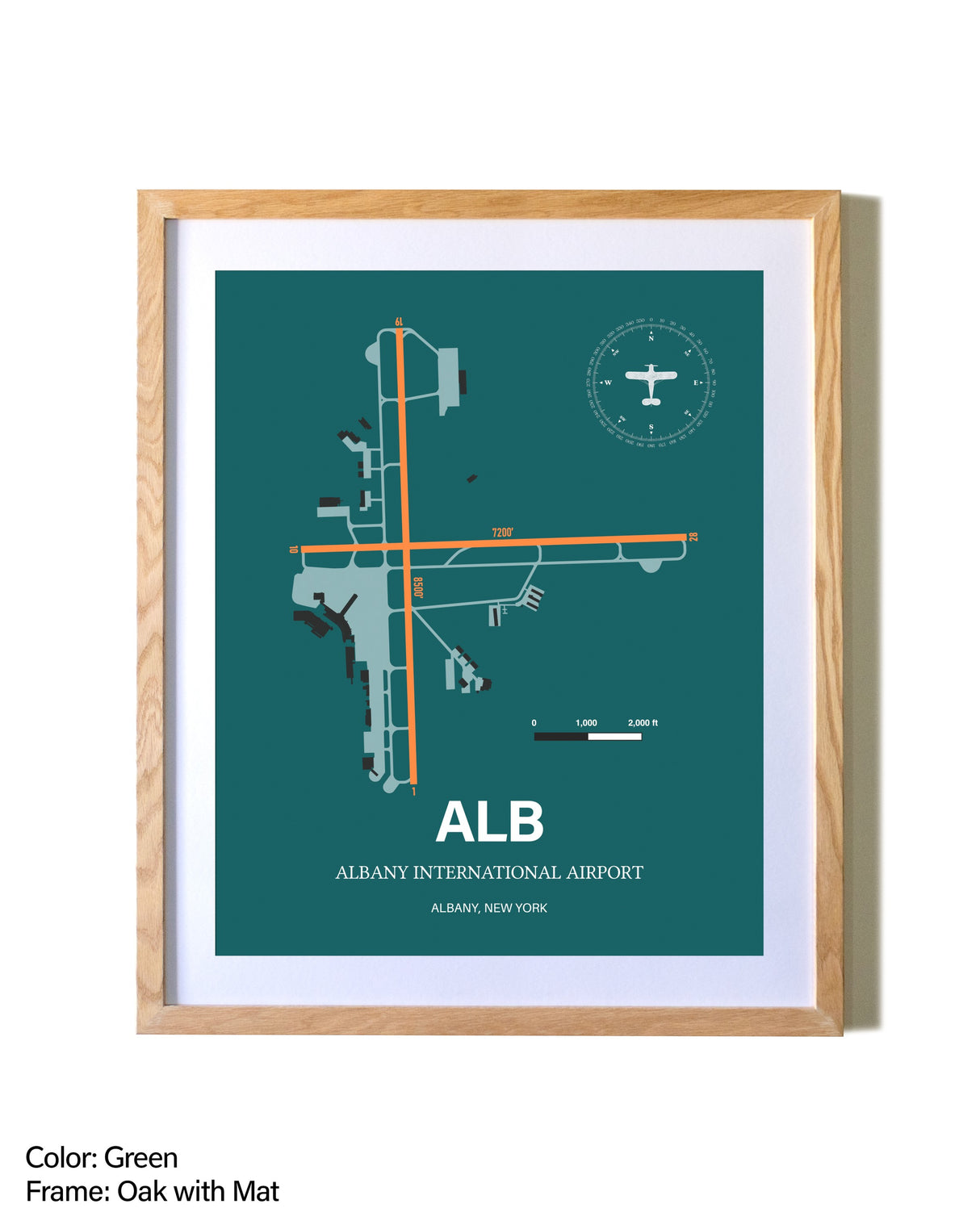Albany International Airport airport map poster in oak frame with mat