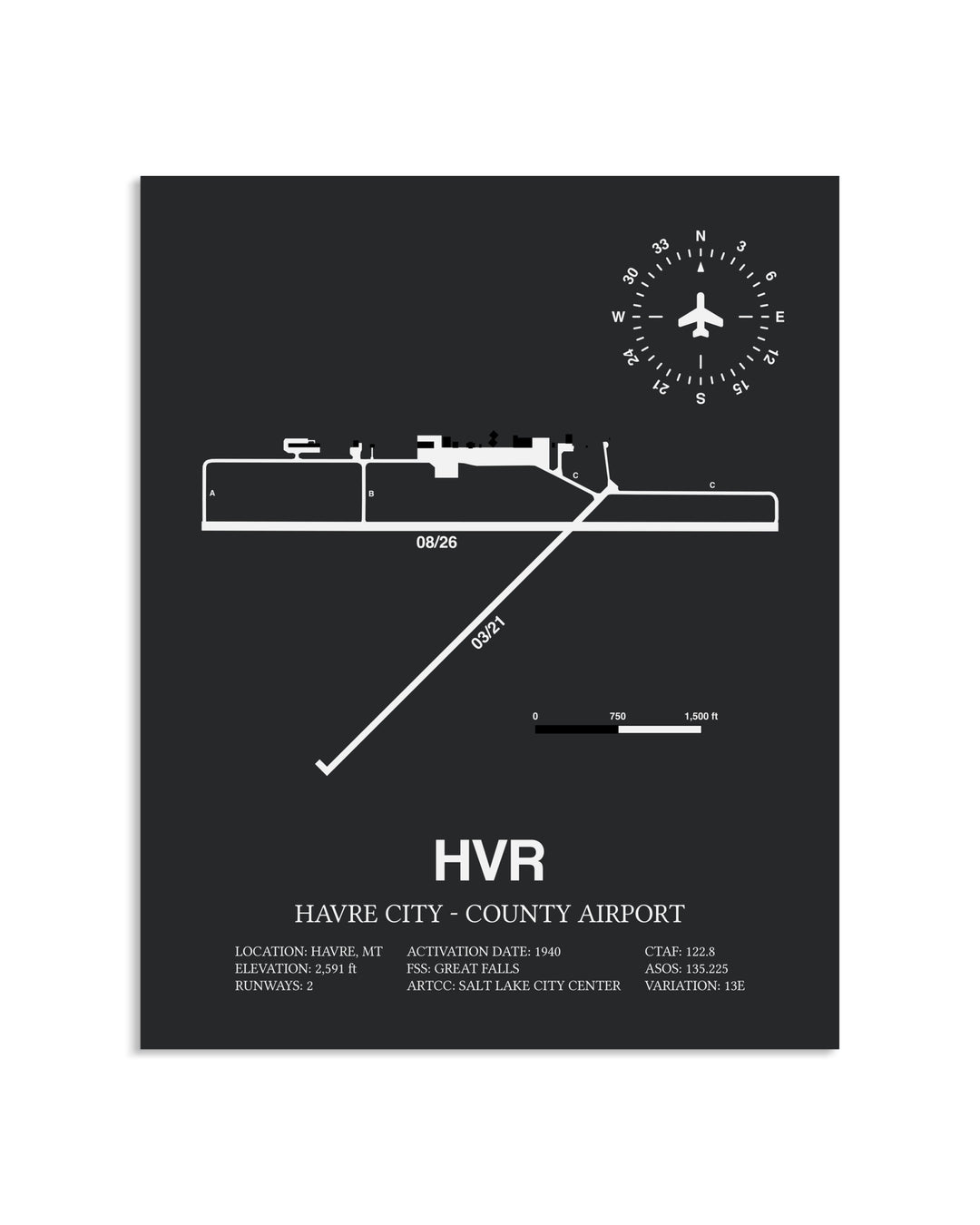 Gray Framed Havre City-County Airport layout wall art poster