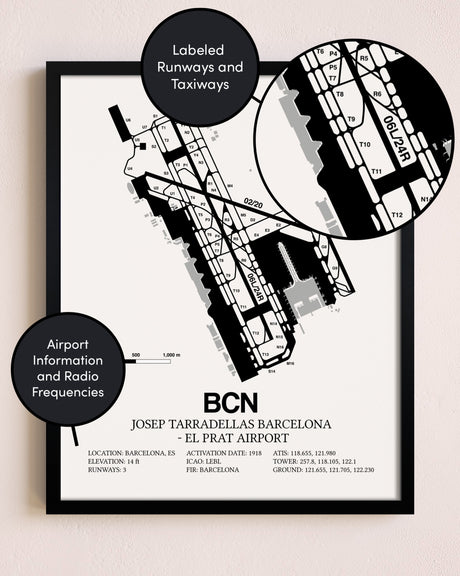 Framed Josep Tarradellas Barcelona-El Prat Airport layout wall art poster