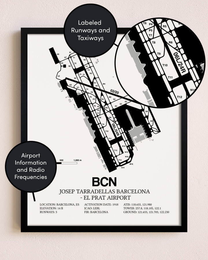 Framed Josep Tarradellas Barcelona-El Prat Airport layout wall art poster