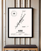 Mogollon Airpark framed poster displayed in an airplane hangar