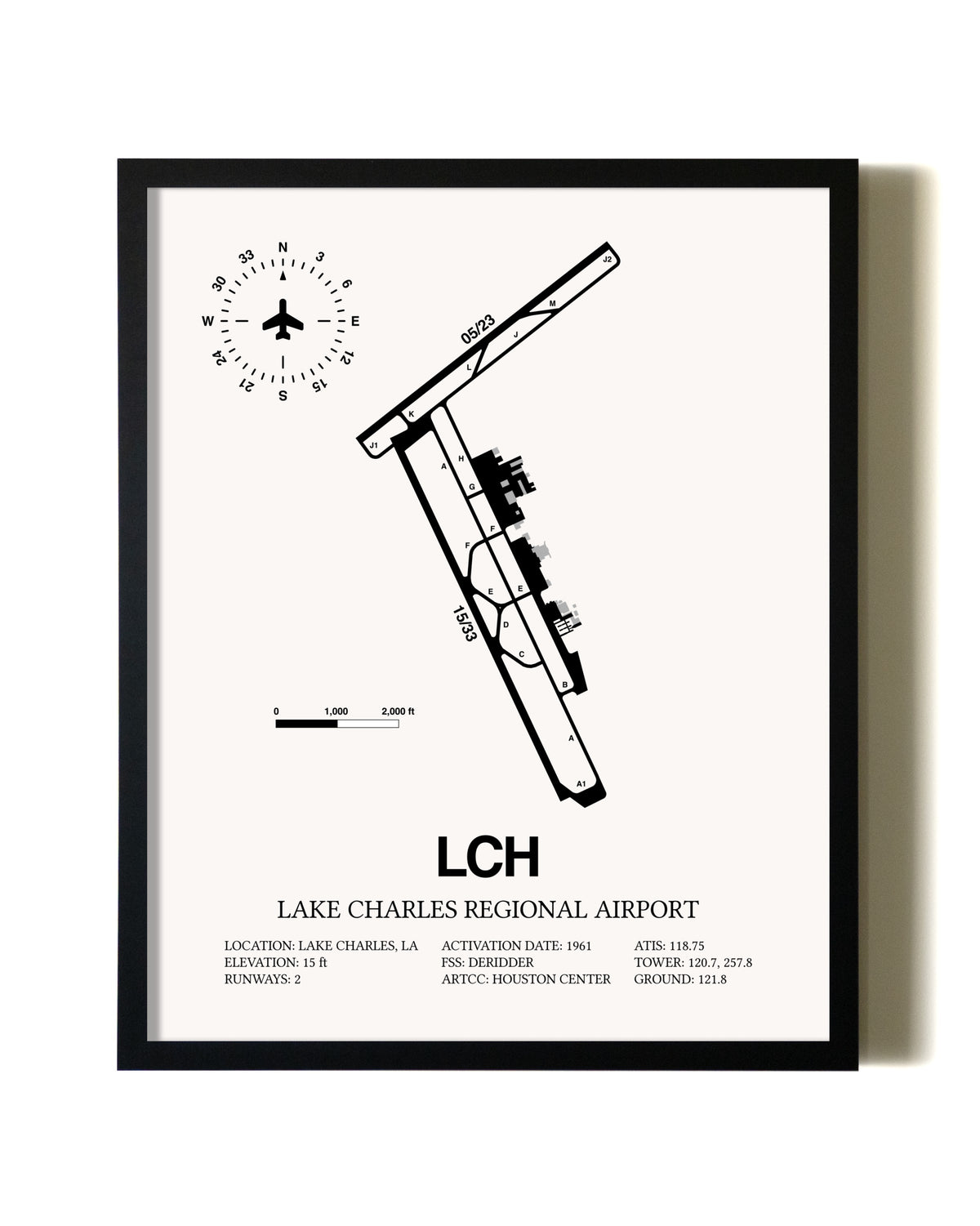 Framed Lake Charles Regional Airport wall art poster in black frame
